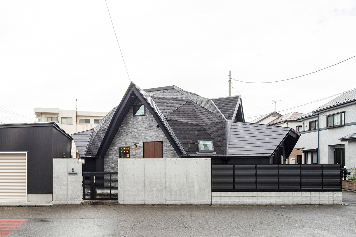 曇天下の幾何学屋根の家